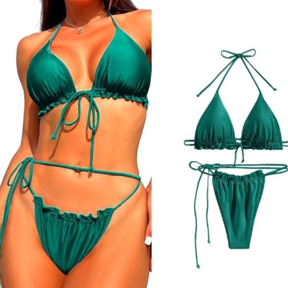 89.Small Emerald Green String Bikini Set With Ruf… - image 1
